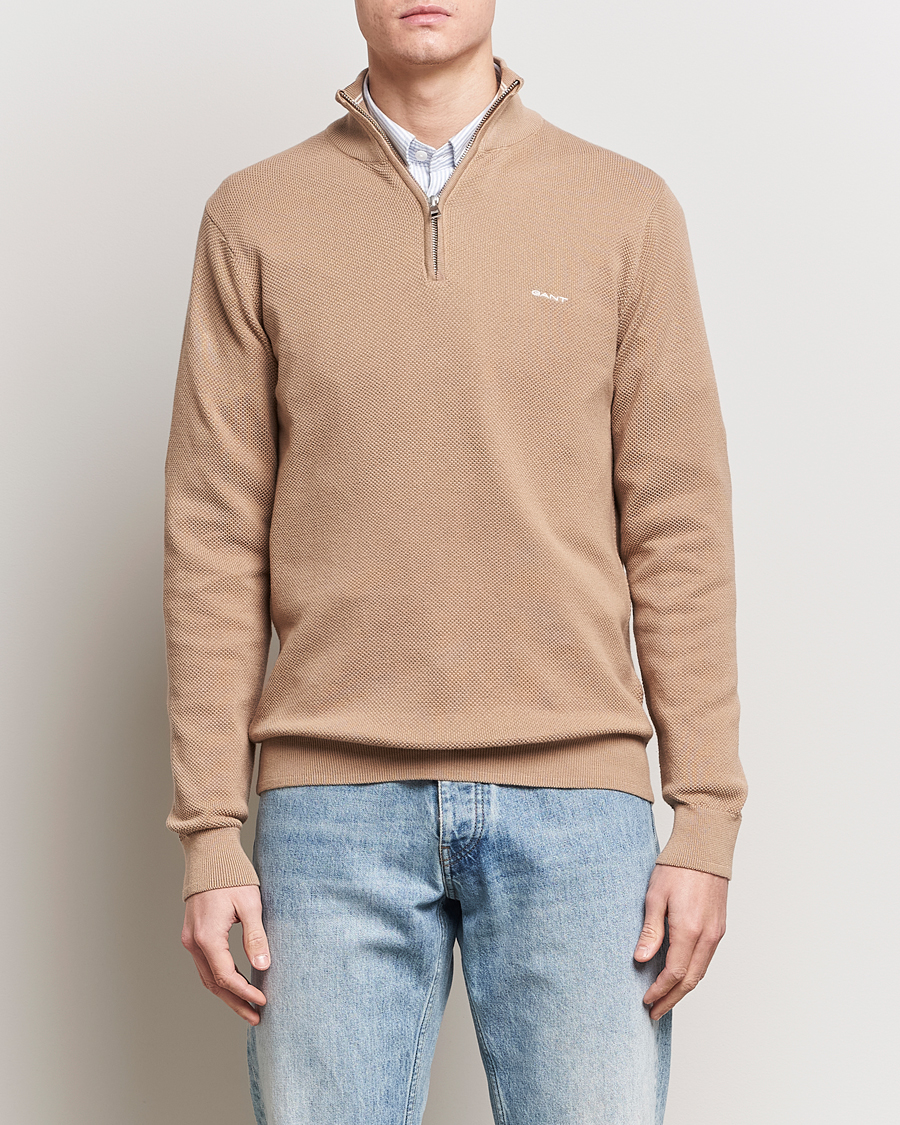 Men |  | GANT | Cotton Pique Half-Zip Sweater Dark Khaki