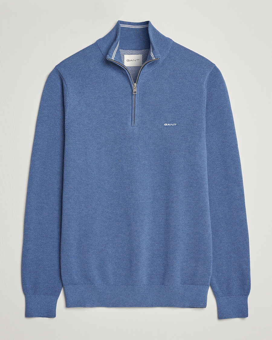 Men | Sweaters & Knitwear | GANT | Cotton Pique Half-Zip Sweater Denim Blue Melange