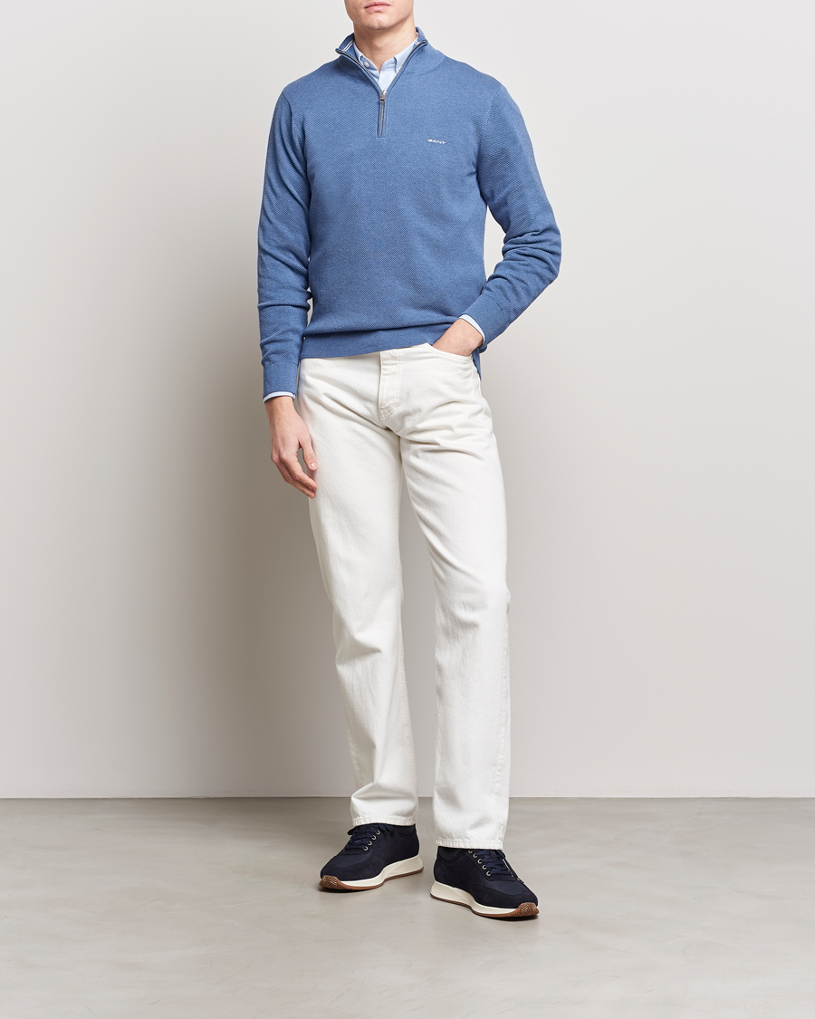 Men | Sweaters & Knitwear | GANT | Cotton Pique Half-Zip Sweater Denim Blue Melange
