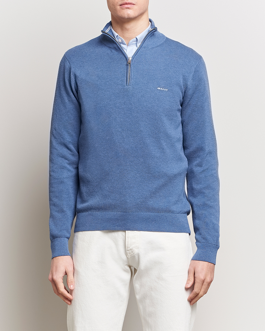 Men | Sweaters & Knitwear | GANT | Cotton Pique Half-Zip Sweater Denim Blue Melange