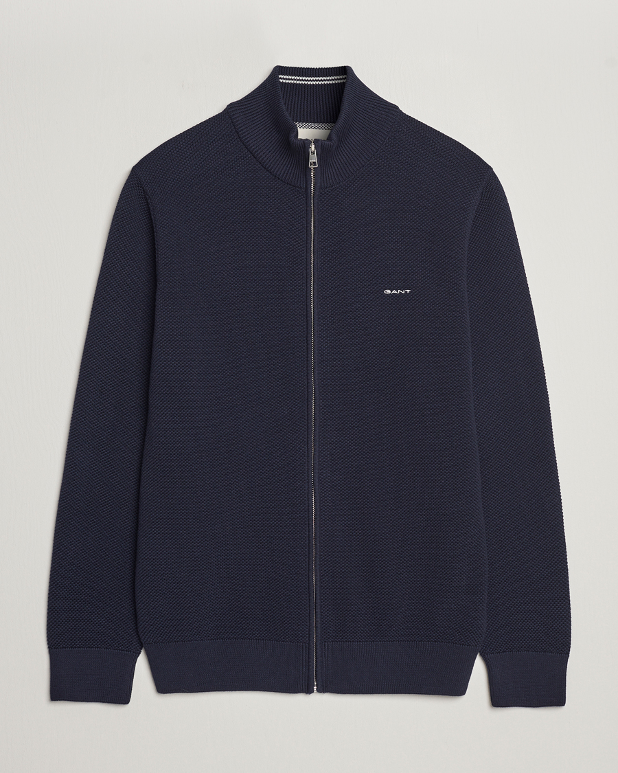 Men | Sweaters & Knitwear | GANT | Cotton Pique Full-Zip Sweater Evening Blue