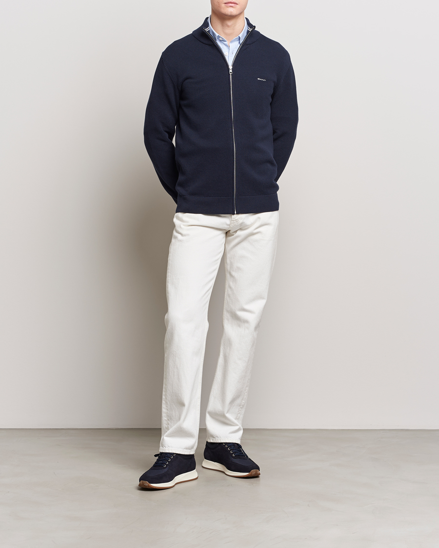 Men | Sweaters & Knitwear | GANT | Cotton Pique Full-Zip Sweater Evening Blue