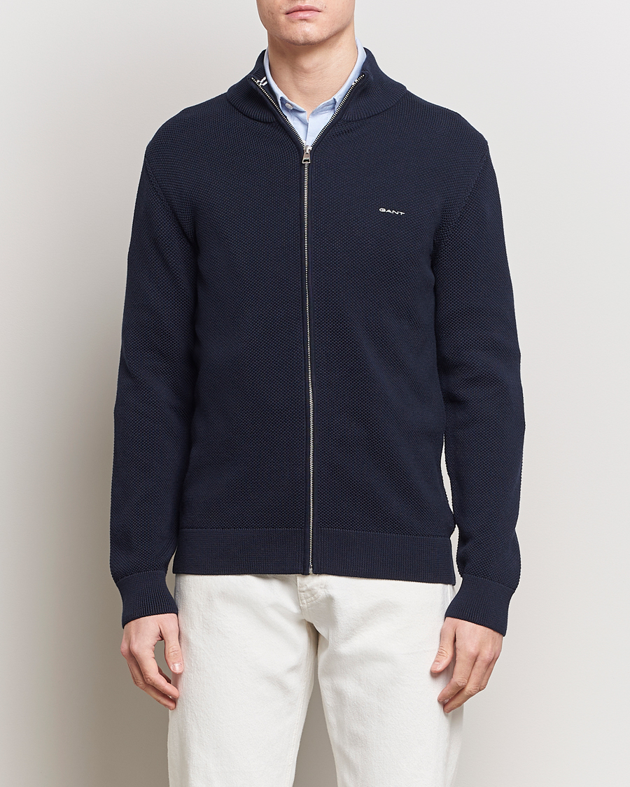 Men | Sweaters & Knitwear | GANT | Cotton Pique Full-Zip Sweater Evening Blue