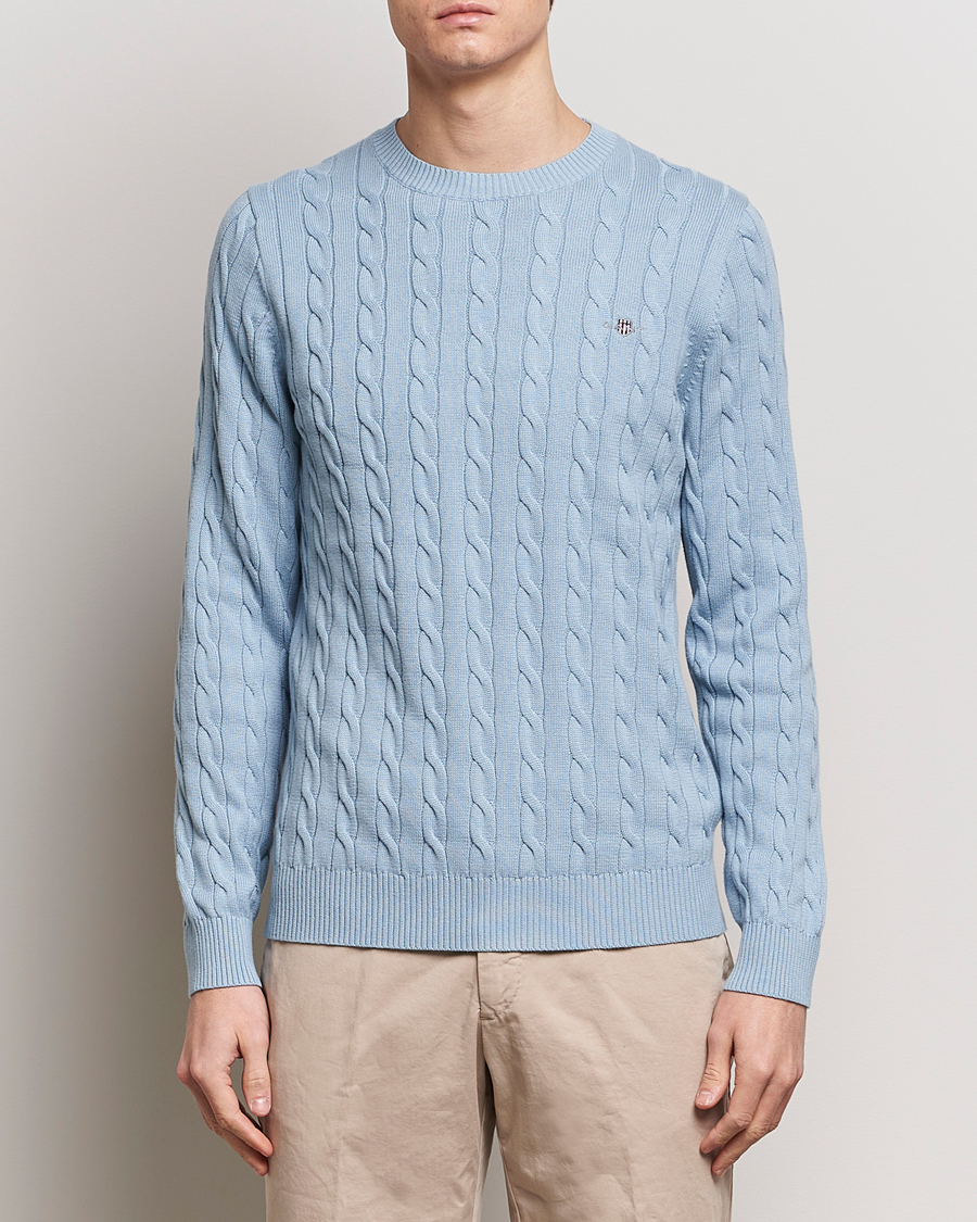 Men | Sweaters & Knitwear | GANT | Cotton Cable Crew Neck Pullover Dove Blue