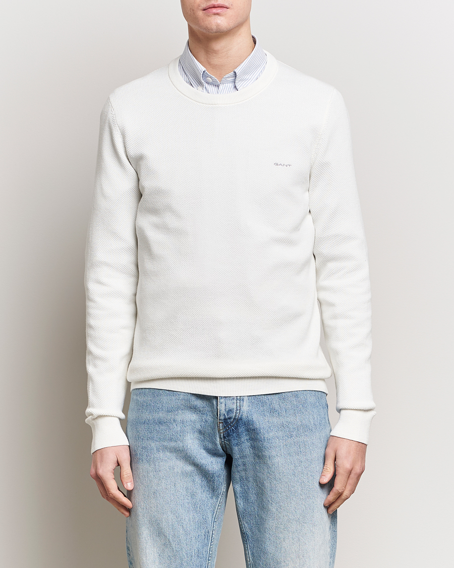 Herr | Stickade tröjor | GANT | Cotton Pique Crew Neck Sweater Eggshell