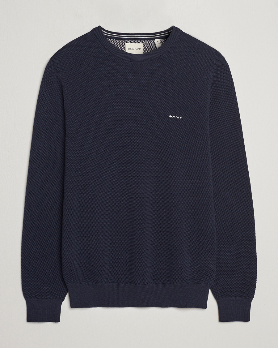 Men | Sweaters & Knitwear | GANT | Cotton Pique Crew Neck Sweater Evening Blue