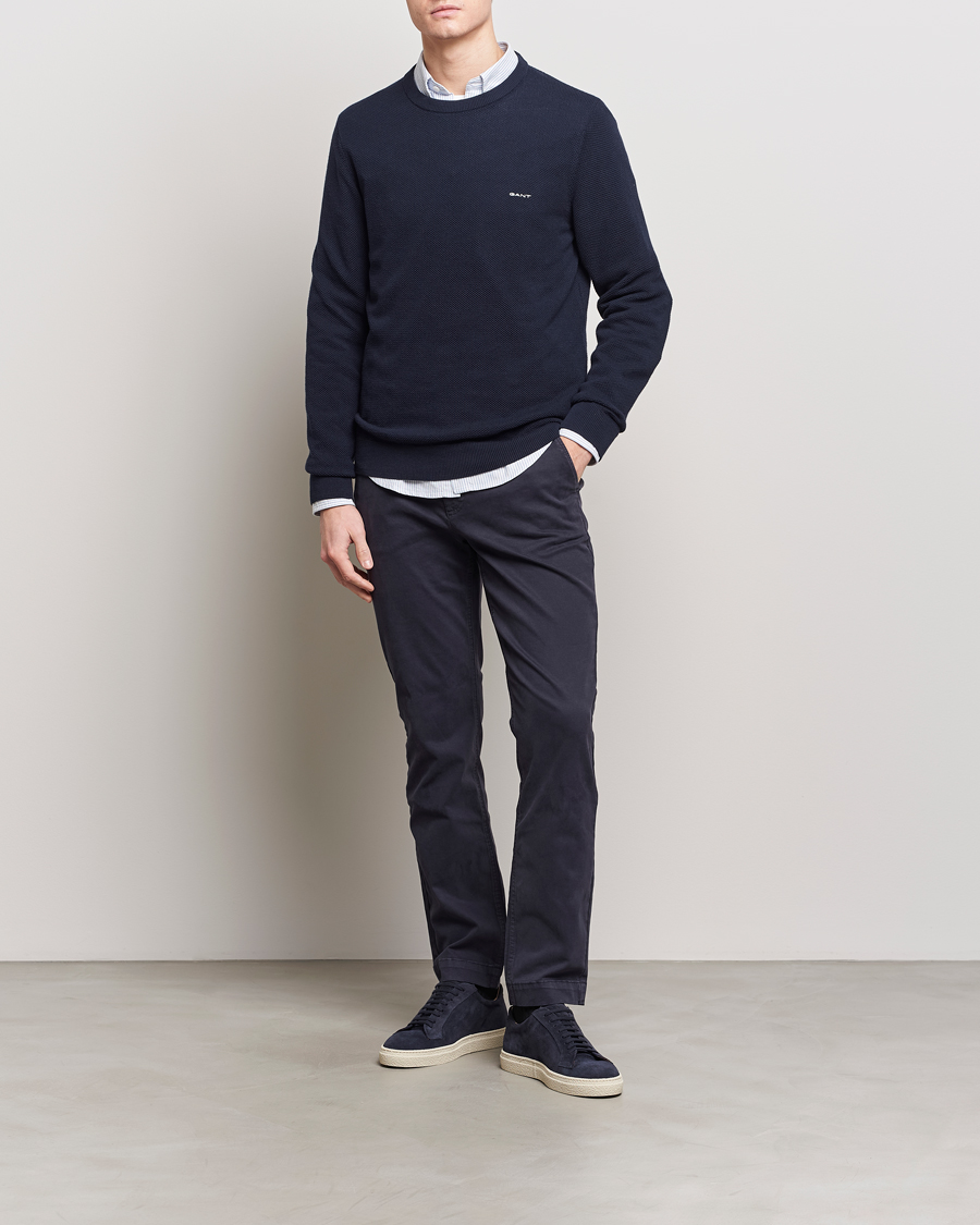 Men | Sweaters & Knitwear | GANT | Cotton Pique Crew Neck Sweater Evening Blue