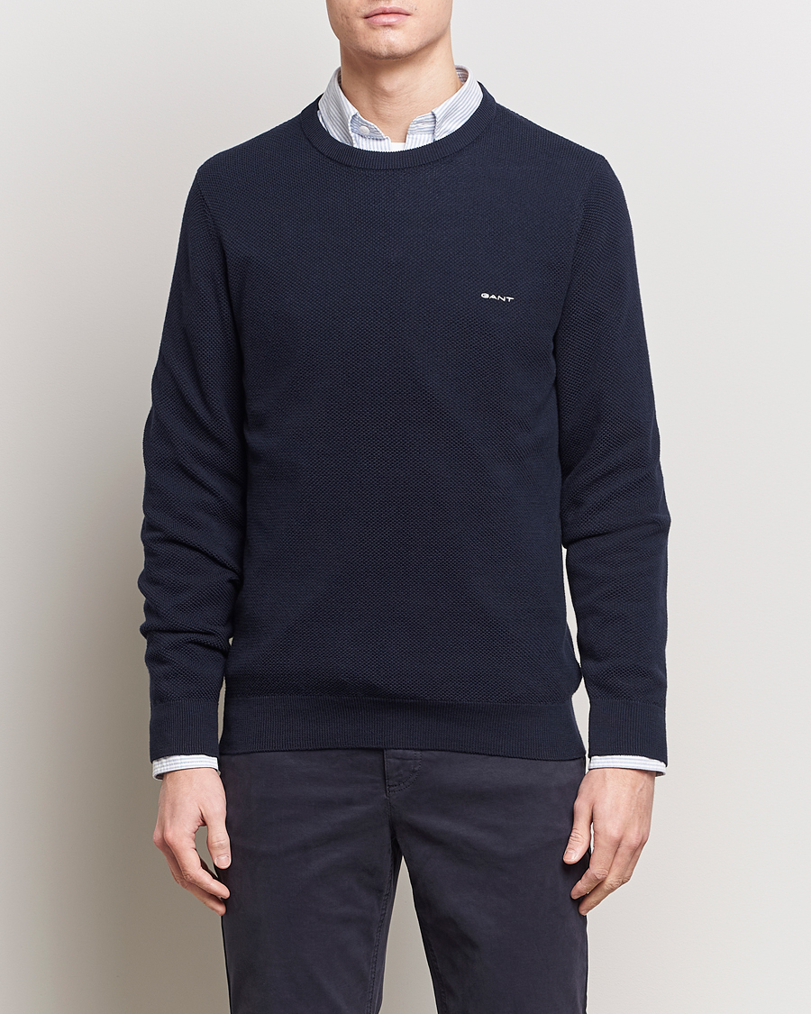 Men | Clothing | GANT | Cotton Pique Crew Neck Sweater Evening Blue