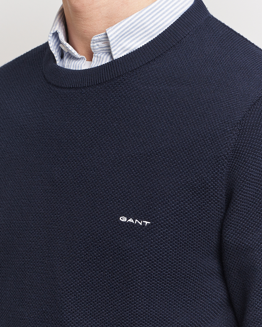 Men | Sweaters & Knitwear | GANT | Cotton Pique Crew Neck Sweater Evening Blue