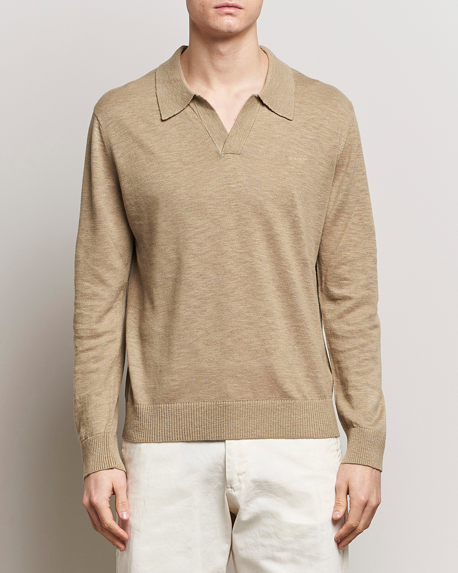 Men | Sweaters & Knitwear | GANT | Cotton/Linen Knitted Polo Dried Clay