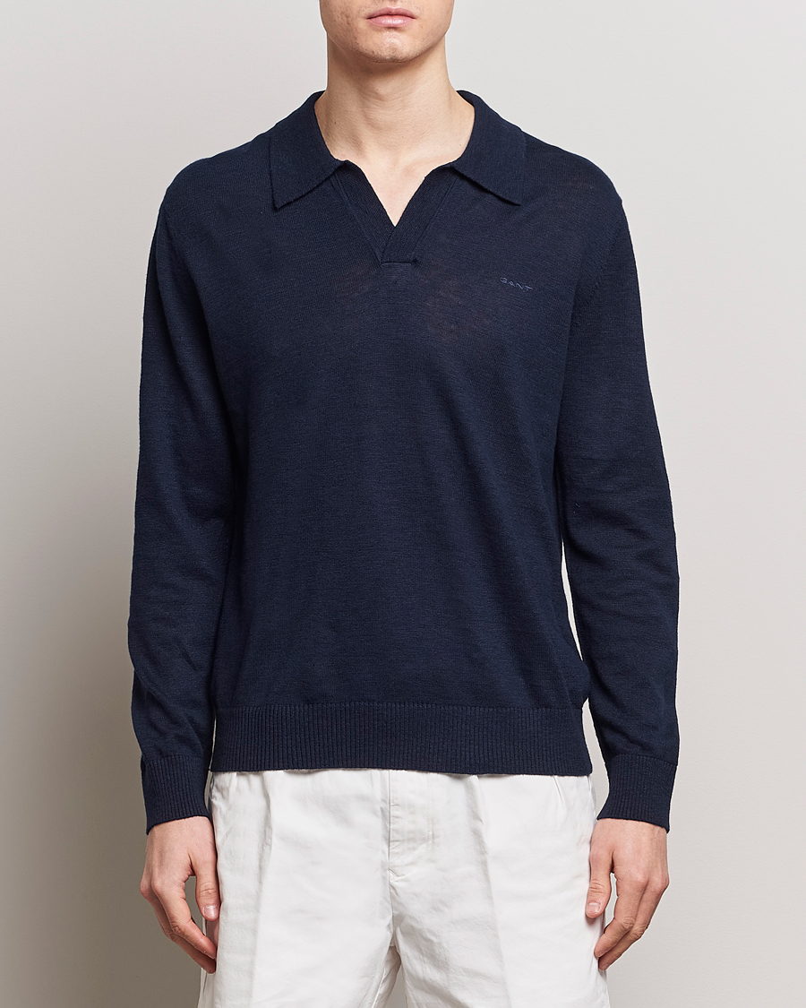 Men | Knitted Polo Shirts | GANT | Cotton/Linen Knitted Polo Evening Blue