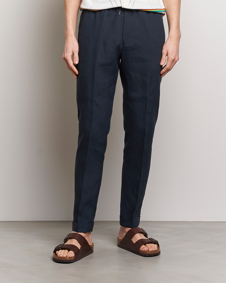Men | Linen Trousers | Paul Smith | Linen Drawstring Trousers Navy