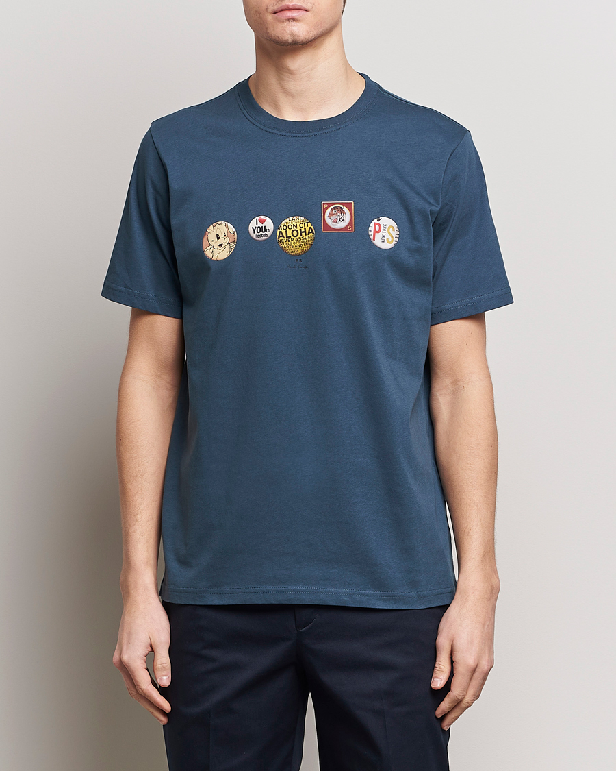 Men | T-Shirts | PS Paul Smith | Organic Cotton Badges Crew Neck T-Shirt Blue
