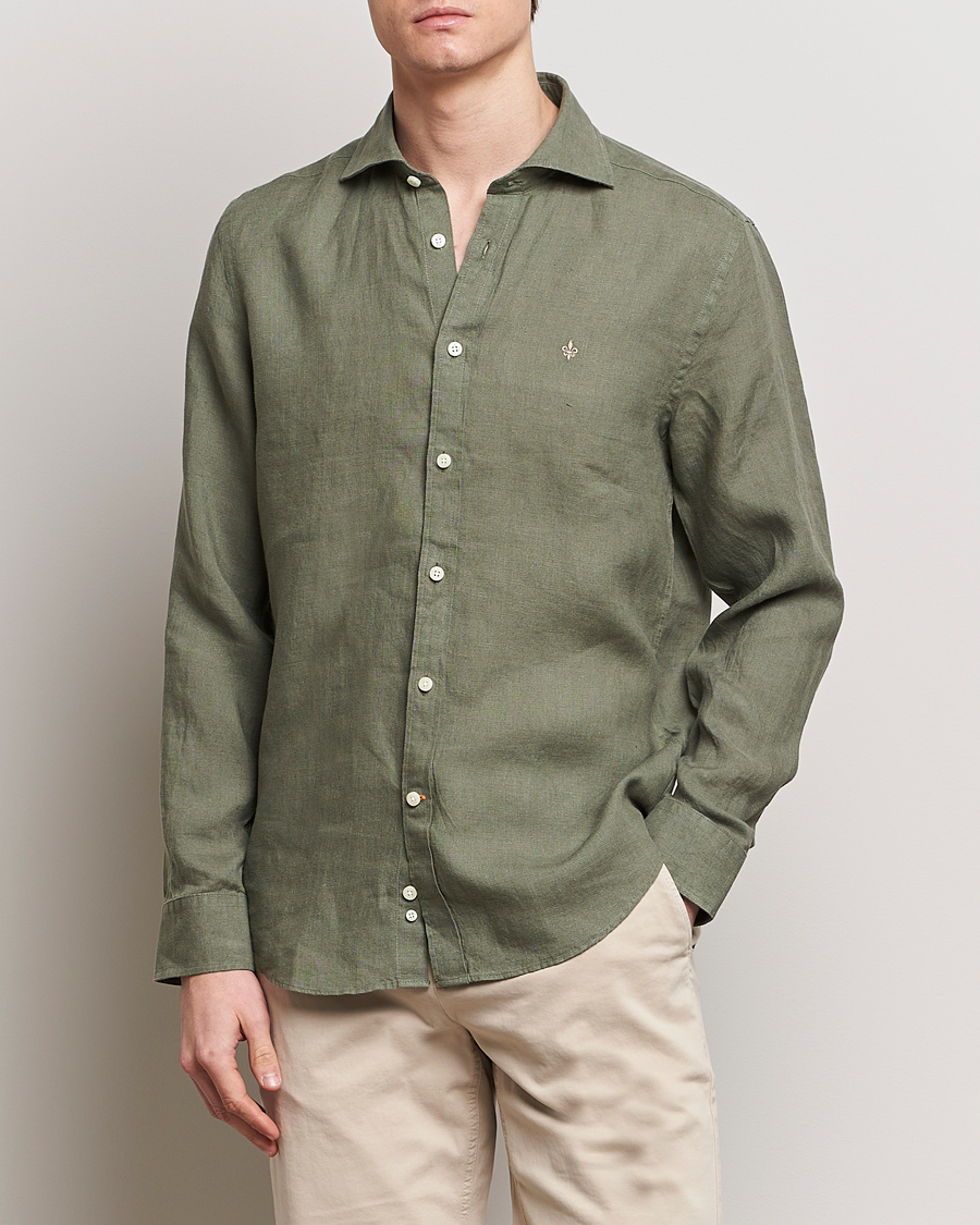 Men | Linen Shirts | Morris | Slim Fit Linen Cut Away Shirt Olive