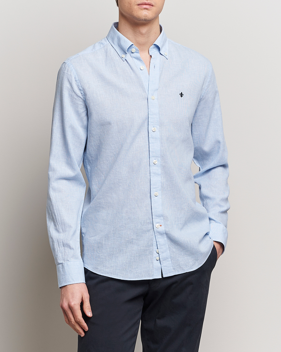 Men | Linen Shirts | Morris | Slim Fit Linen Check Shirt Light Blue