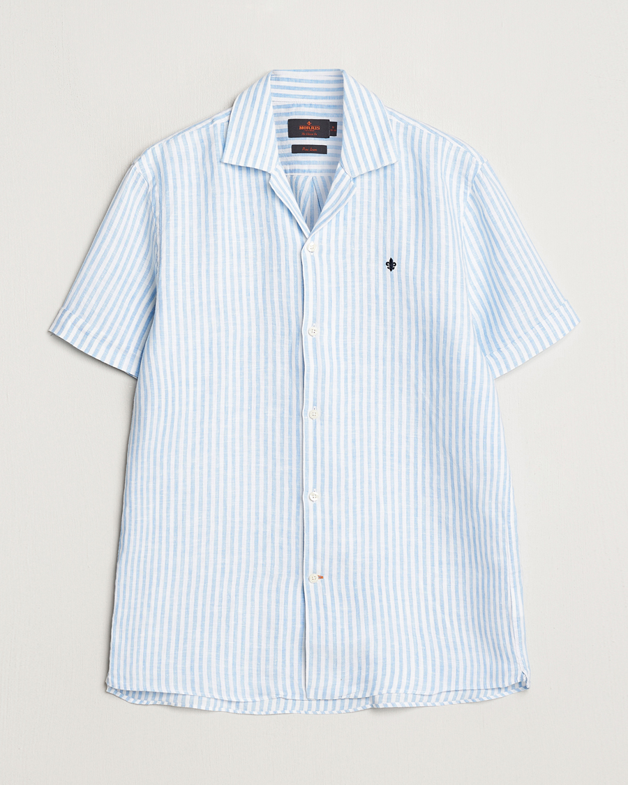 Men | Shirts | Morris | Striped Resort Linen Short Sleeve Shirt Light Blue