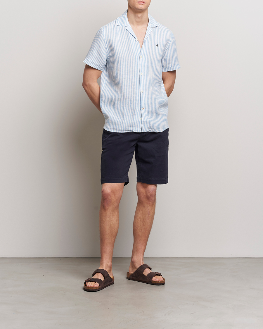 Men | Shirts | Morris | Striped Resort Linen Short Sleeve Shirt Light Blue
