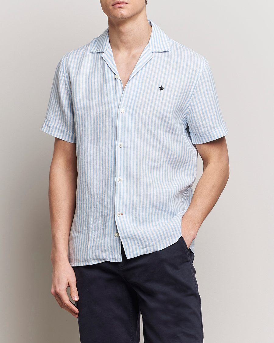 Men | Morris | Morris | Striped Resort Linen Short Sleeve Shirt Light Blue