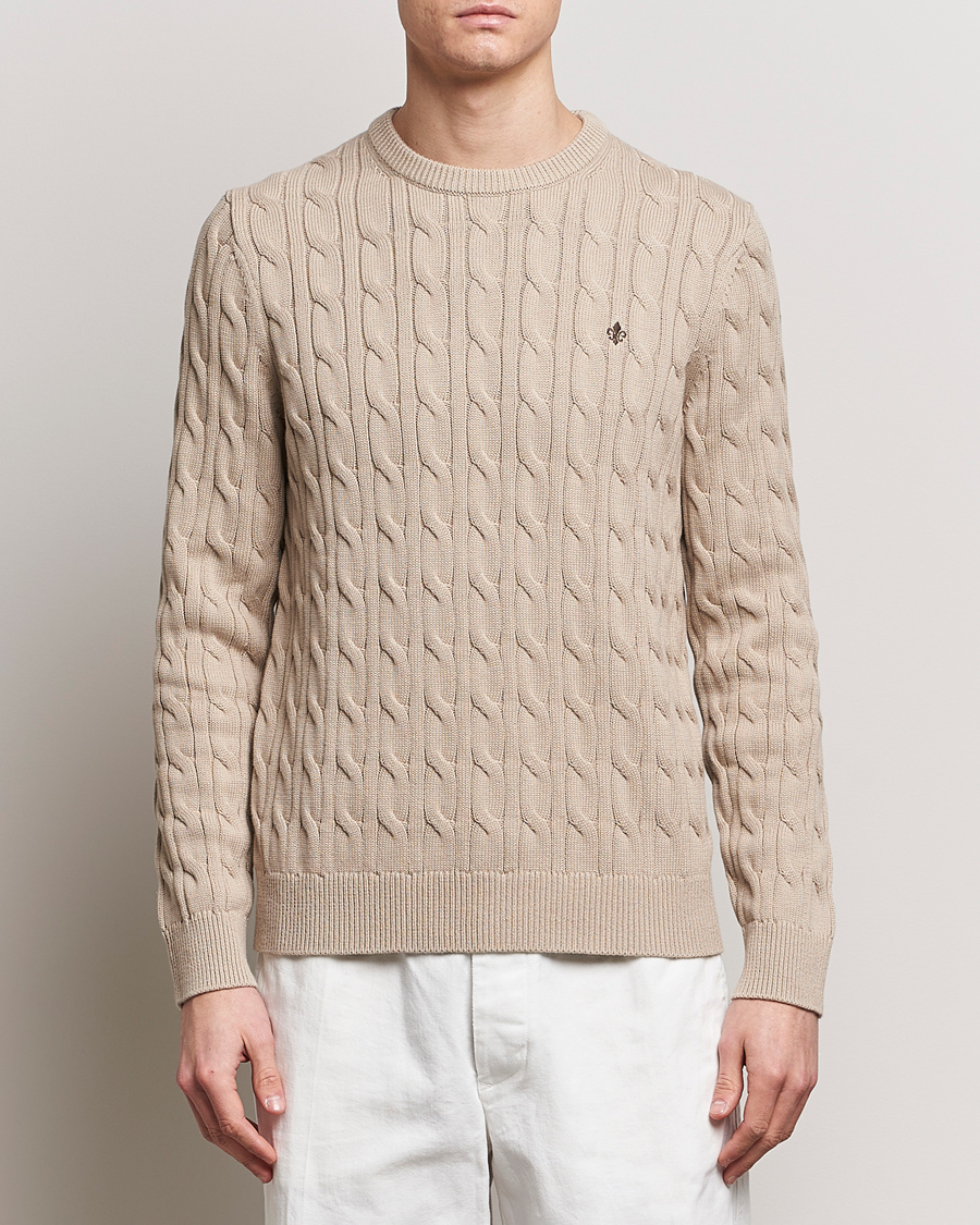 Men | Knitted Jumpers | Morris | Ethan Cotton Cable Crew Neck Khaki
