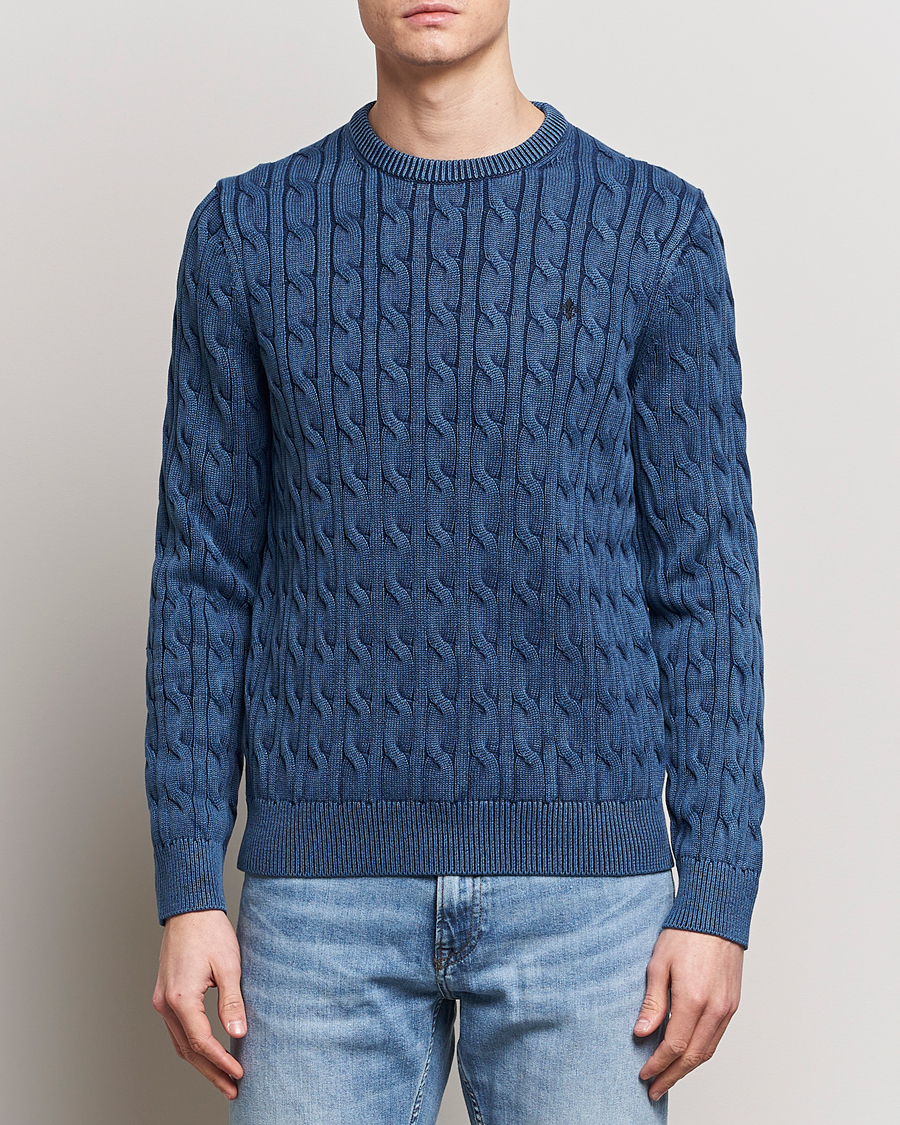Men | Sweaters & Knitwear | Morris | Ethan Cotton Cable Crew Neck Blue