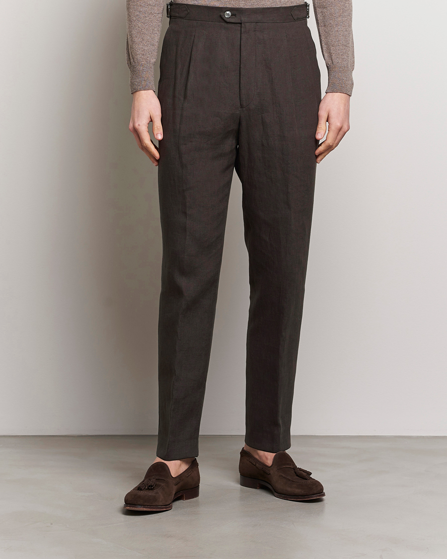 Men | Trousers | Oscar Jacobson | Delon Linen Trousers Brown