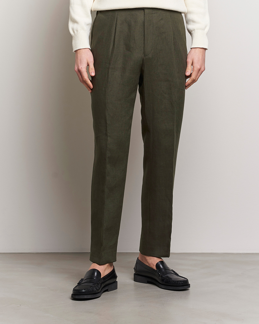 Men | Trousers | Oscar Jacobson | Delon Linen Trousers Olive