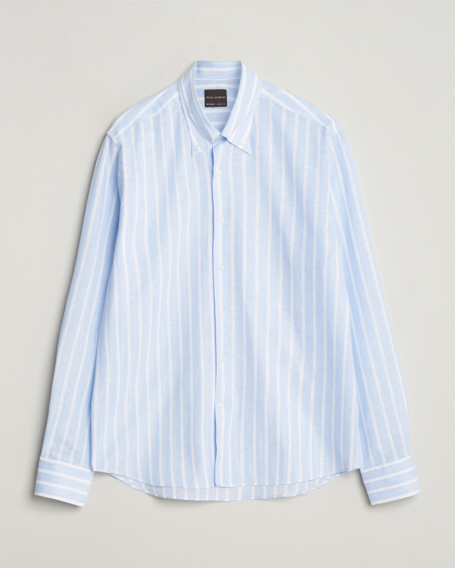 Men | Shirts | Oscar Jacobson | Regular Fit Striped Linen Shirt Light Blue