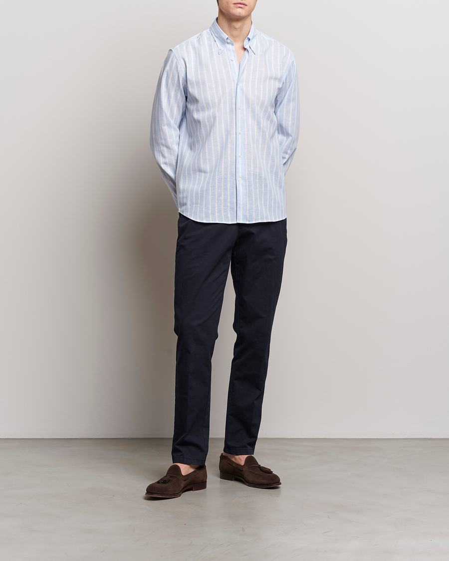 Men | Shirts | Oscar Jacobson | Regular Fit Striped Linen Shirt Light Blue