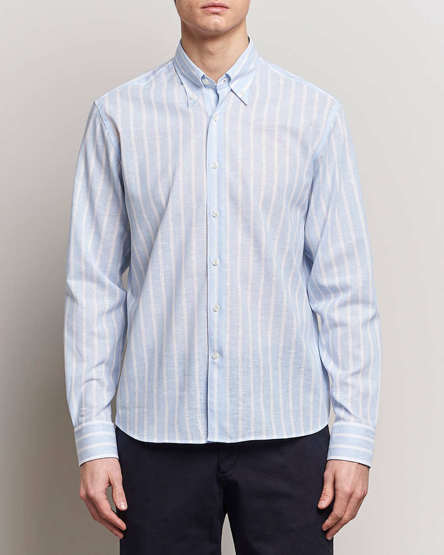 Men | Shirts | Oscar Jacobson | Regular Fit Striped Linen Shirt Light Blue
