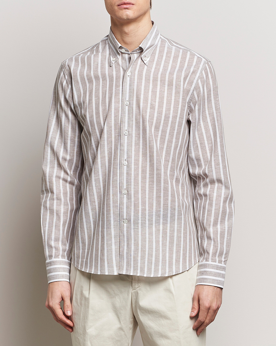 Men | Clothing | Oscar Jacobson | Regular Fit Striped Linen Shirt Brown