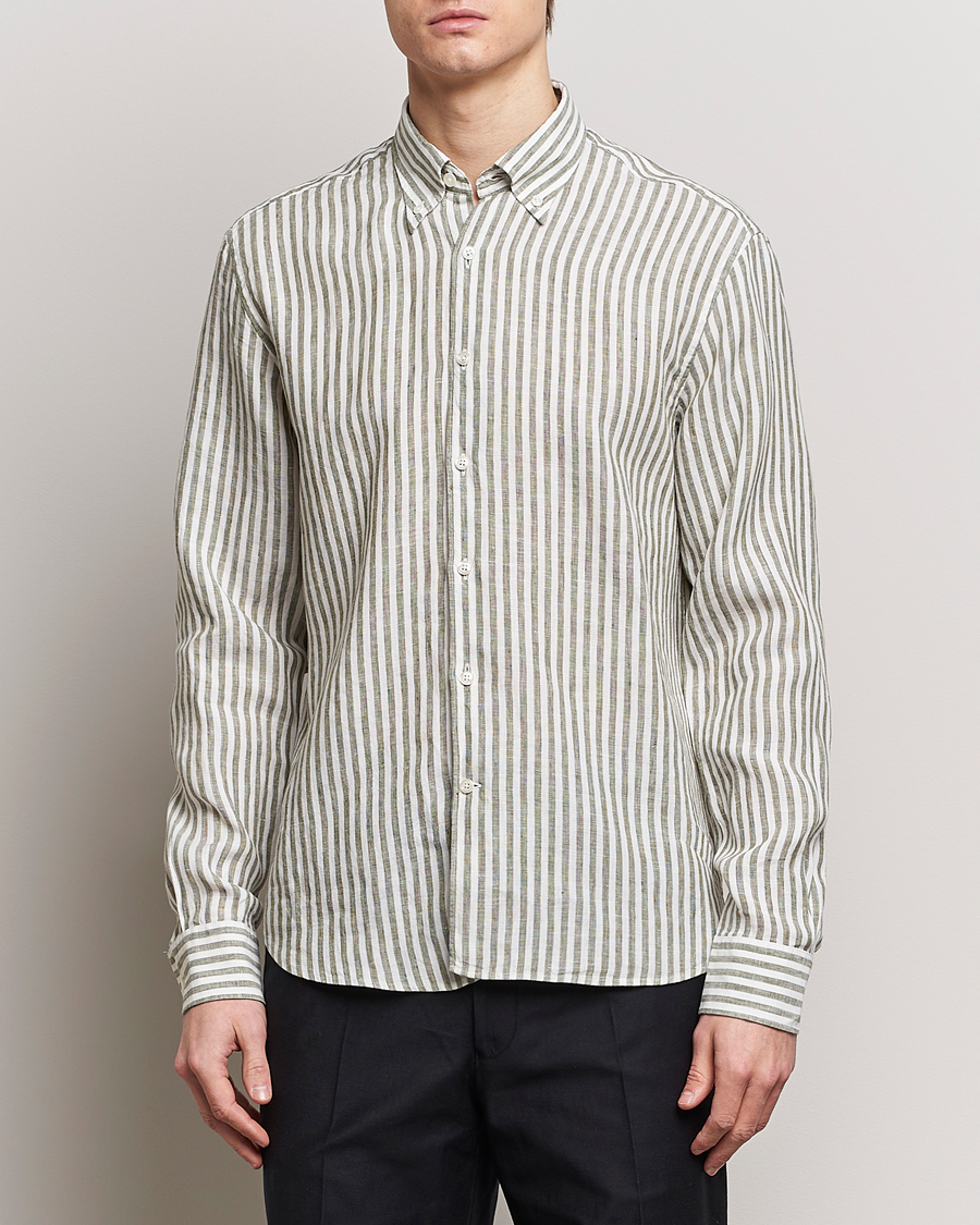 Men | Linen Shirts | Oscar Jacobson | Regular Fit Dress Stripe Linen Shirt Green