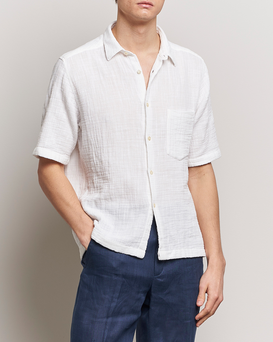 Men | Shirts | Oscar Jacobson | Short Sleeve City Crepe Cotton Shirt White