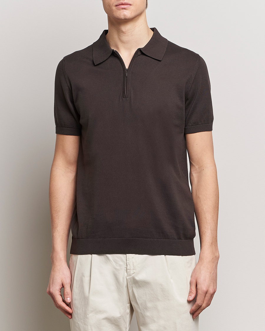 Men | Short Sleeve Polo Shirts | Oscar Jacobson | Otto Short Sleeve Zip Polo Brown