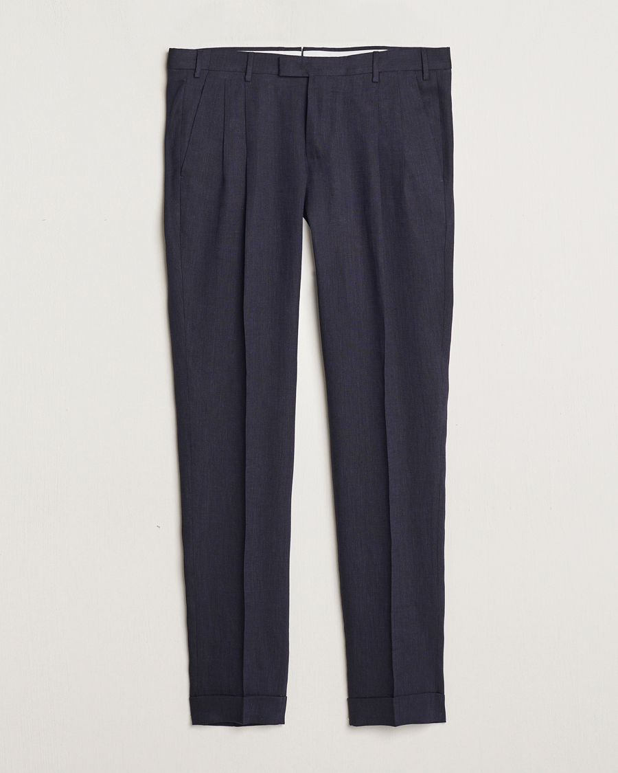 Men | Trousers | PT01 | Slim Fit Pleated Linen Trousers Navy