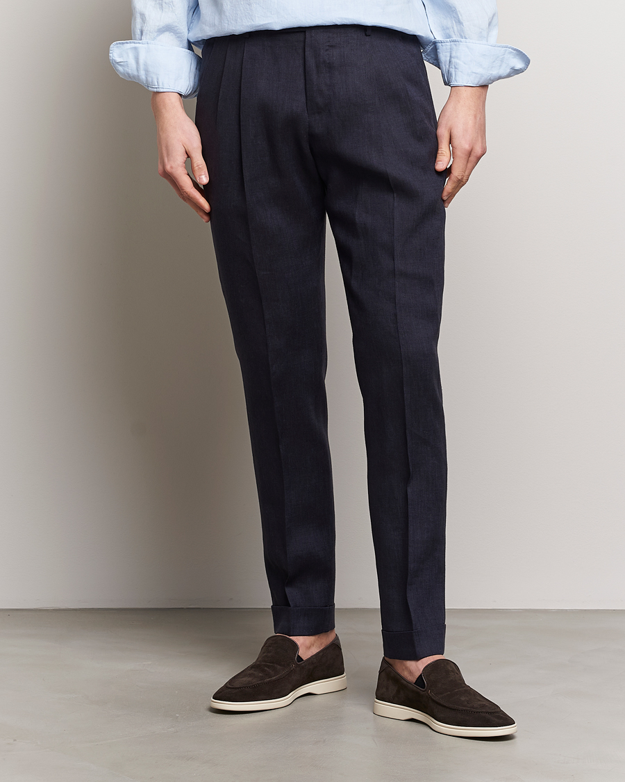 Men |  | PT01 | Slim Fit Pleated Linen Trousers Navy