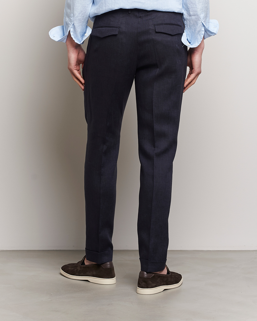 Men | Trousers | PT01 | Slim Fit Pleated Linen Trousers Navy