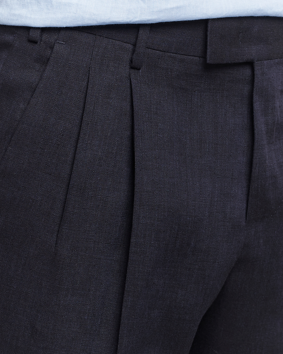 Men | Trousers | PT01 | Slim Fit Pleated Linen Trousers Navy
