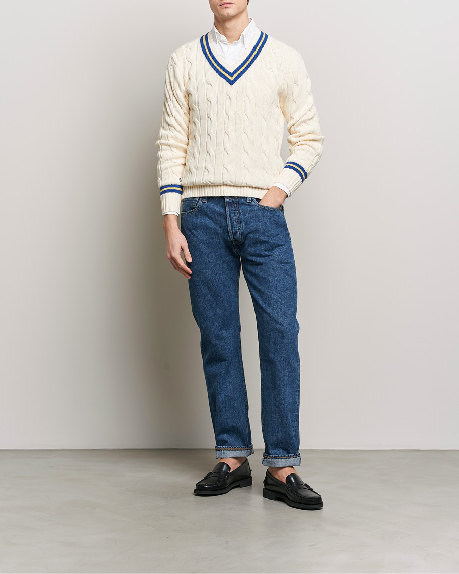 Men | Sweaters & Knitwear | Polo Ralph Lauren | Cricket Cotton V-Neck Sweater Cream/Navy Stripe