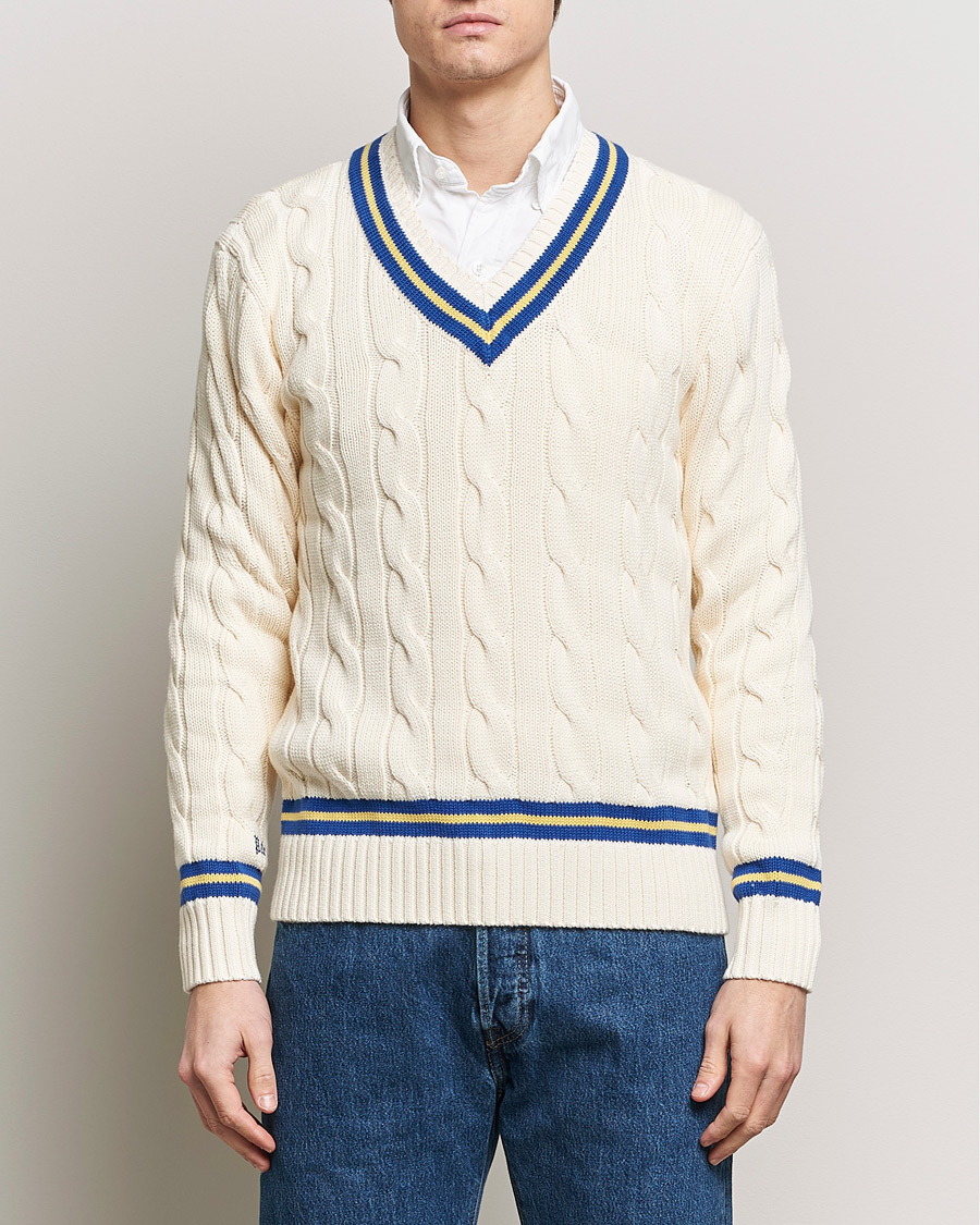 Men | Knitted Jumpers | Polo Ralph Lauren | Cricket Cotton V-Neck Sweater Cream/Navy Stripe