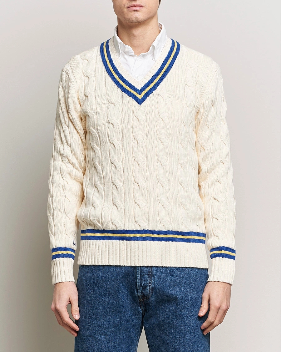Men | Sweaters & Knitwear | Polo Ralph Lauren | Cricket Cotton V-Neck Sweater Cream/Navy Stripe
