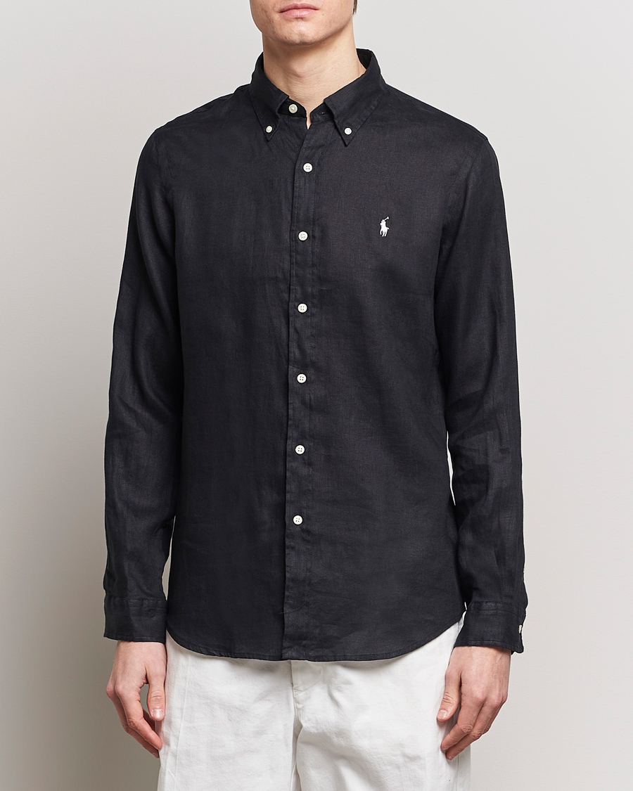 Men | Linen Shirts | Polo Ralph Lauren | Custom Fit Linen Button Down Polo Black