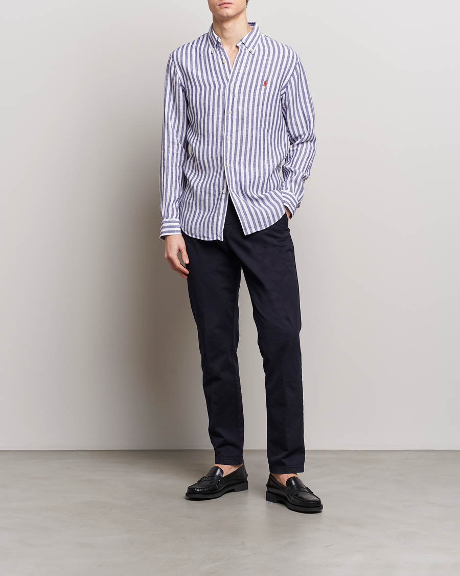 Men | Shirts | Polo Ralph Lauren | Custom Fit Striped Linen Shirt Blue/White