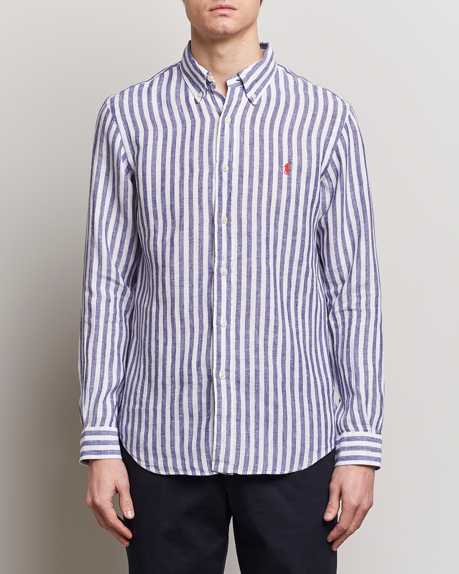 Men |  | Polo Ralph Lauren | Custom Fit Striped Linen Shirt Blue/White
