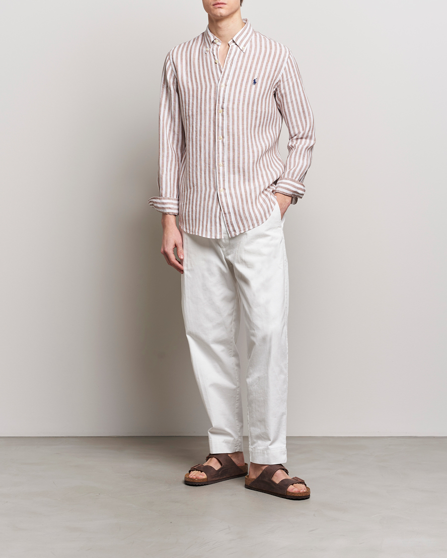 Men | Shirts | Polo Ralph Lauren | Custom Fit Striped Linen Shirt Khaki/White