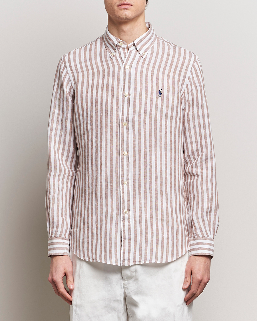 Men | Shirts | Polo Ralph Lauren | Custom Fit Striped Linen Shirt Khaki/White