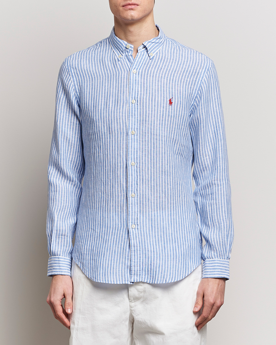 Men |  | Polo Ralph Lauren | Slim Fit Striped Button Down Linen Shirt Blue/White