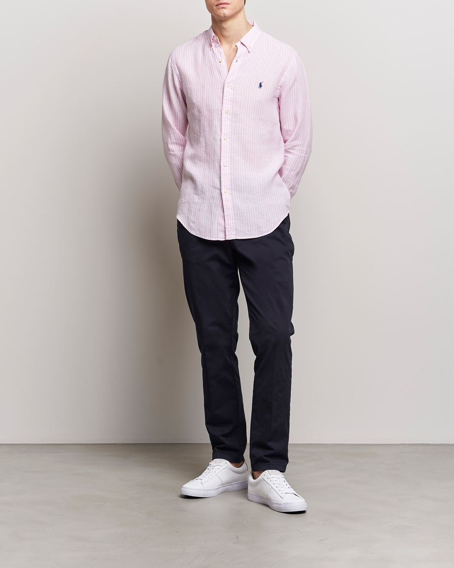 Men | Shirts | Polo Ralph Lauren | Slim Fit Striped Button Down Linen Shirt Pink/White