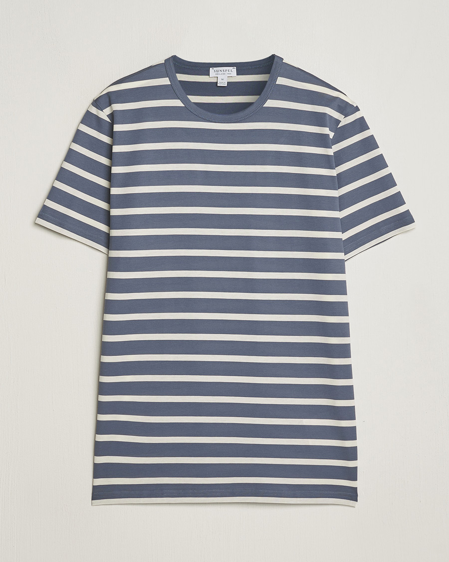 Men | T-Shirts | Sunspel | Striped Crew Neck Cotton Tee Slate Blue