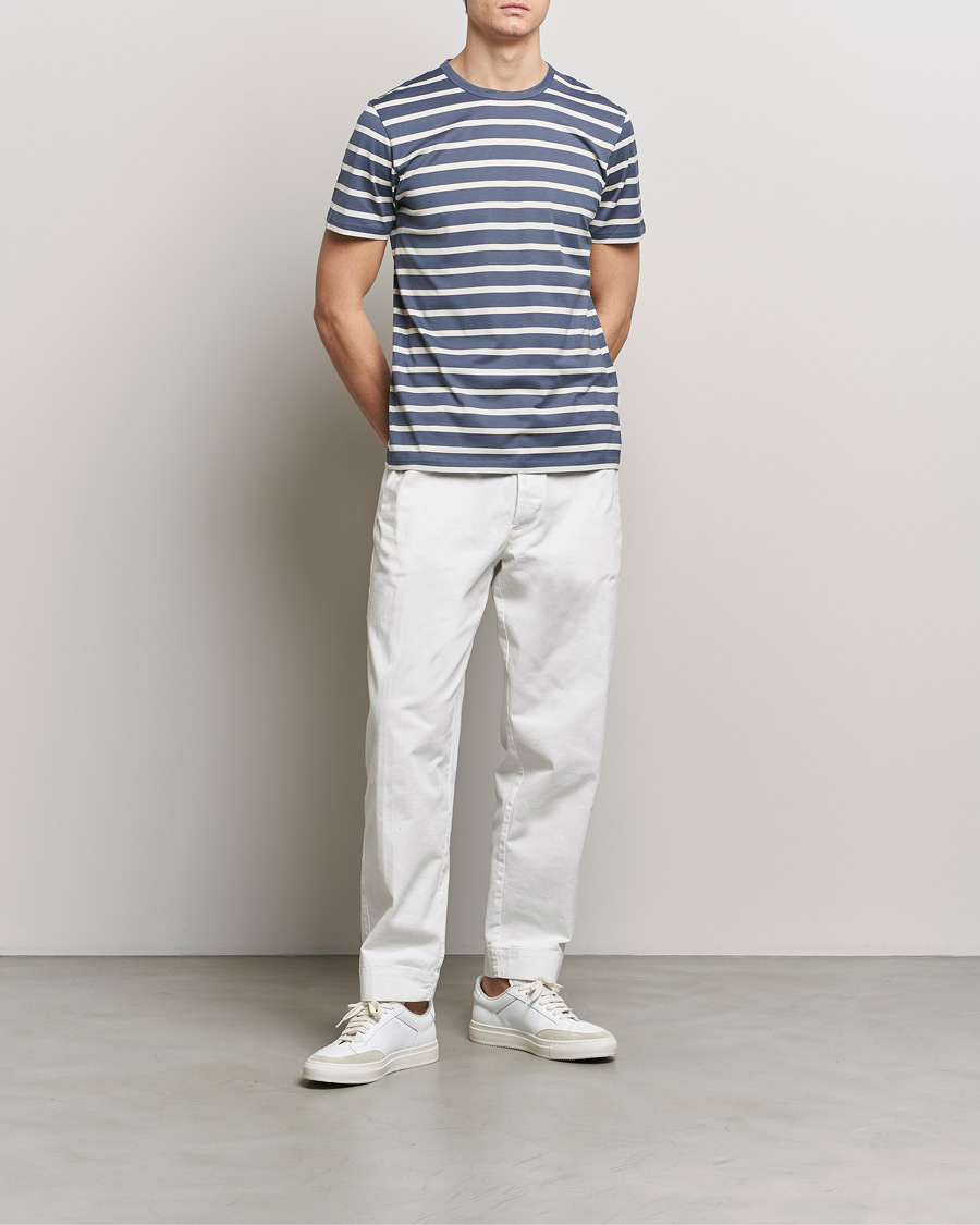 Men | T-Shirts | Sunspel | Striped Crew Neck Cotton Tee Slate Blue