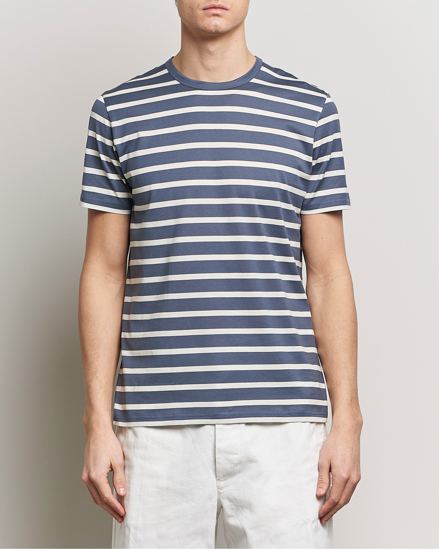 Men | T-Shirts | Sunspel | Striped Crew Neck Cotton Tee Slate Blue